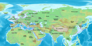 Map of Eurasia and Africa showing trade networks, c. 870