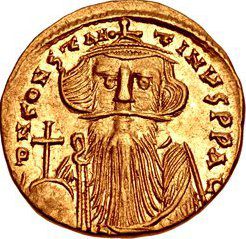 Coin of Constans II (r. 641–648), who is named in Chinese sources as the first of several Byzantine emperors to send embassies to the Chinese Tang dynasty