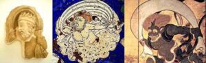 Iconographical evolution of the Wind God. Left: Greek Wind God from Hadda, 2nd century. Middle: Wind God from Kizil, Tarim Basin, 7th century. Right: Japanese Wind God Fujin, 17th century.